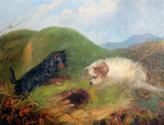 J. Langlois (19th C.) Terriers beside a rabbit hole, 9.5 x 13.5in.